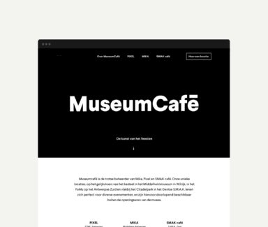 The home page of MuseumCafé's website, featuring logo, baseline, copywriting, and links to one page websites of every Museumcafé location.