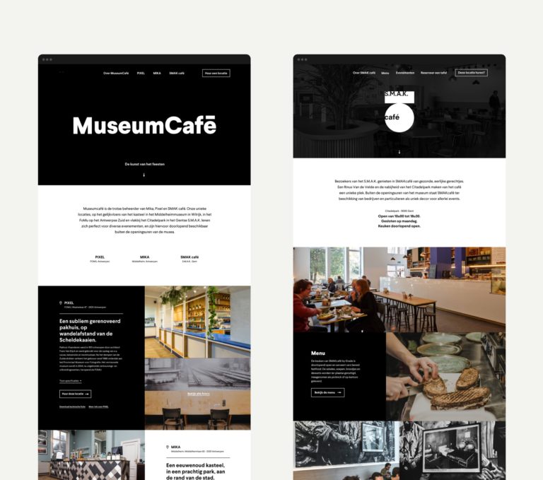 Overview of the home page of MuseumCafé's website, and S.M.A.K. Café's one page website. Featuring logo, baseline, copywriting, and showcasing the new visual identity.