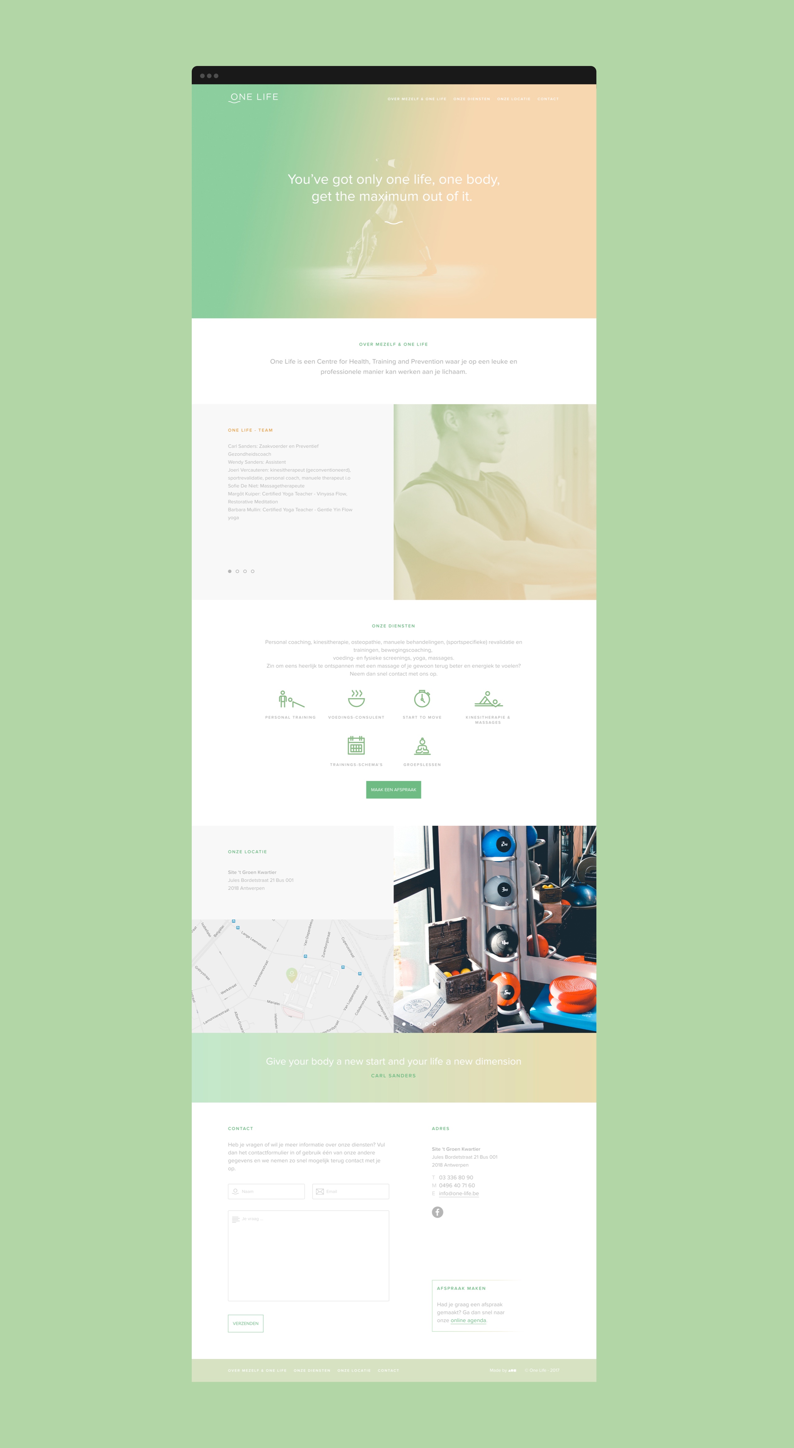 One Life website overzicht. one-page website, google maps-integratie , geïntegreerde google maps, online agenda, contactformulier , eenvoudige website, website laten maken Antwerpen, responsive webdesign Antwerpen, grafisch bureau Antwerpen